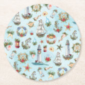 Kustthema Nautical kerstvuurtoren Beach Ronde Kartonnen Onderzetter (Voorkant)