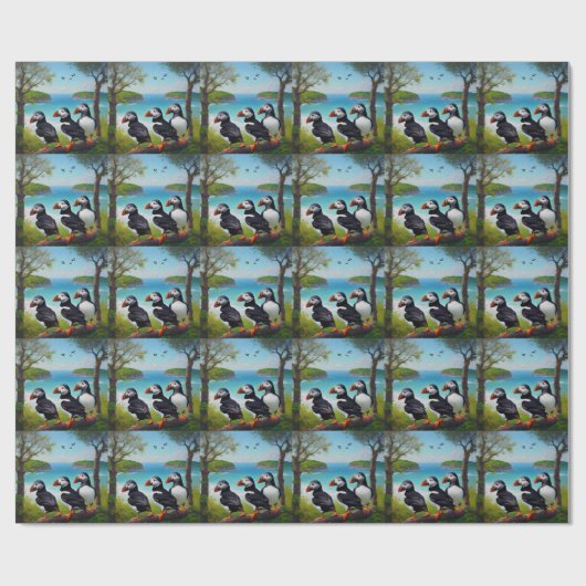 Kusttrio: drie papegaaiduikers op het strand in ol cadeaupapier (Vlak)