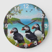 Kusttrio: drie papegaaiduikers op het strand in ol grote klok (Voorkant)