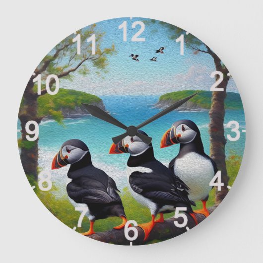 Kusttrio: drie papegaaiduikers op het strand in ol grote klok (Voorkant)