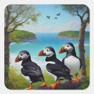 Kusttrio: drie papegaaiduikers op het strand in ol vierkante sticker