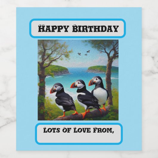 Kusttrio: drie papegaaiduikers op het strand in ol wijn etiket (Enkel label)