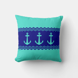 Kustturquoise Blue Stripe Anchor Nautical Kussen