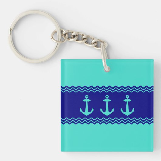 Kustturquoise Blue Stripe Anchor Nautical Sleutelhanger (Voorkant)