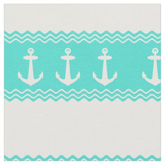 Kustturquoise Stripe Anchor Nautical Stof (Close Up)