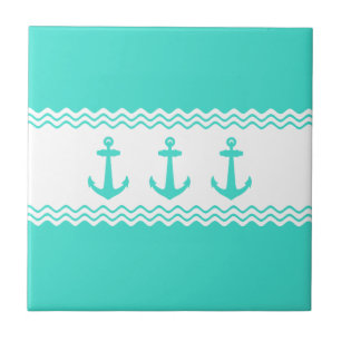 KustTurquoise White Stripe Anchor Nautical Tegeltje