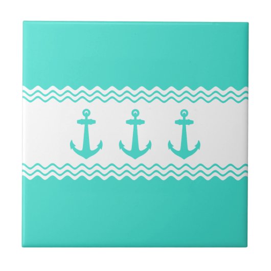 KustTurquoise White Stripe Anchor Nautical Tegeltje (Voorkant)