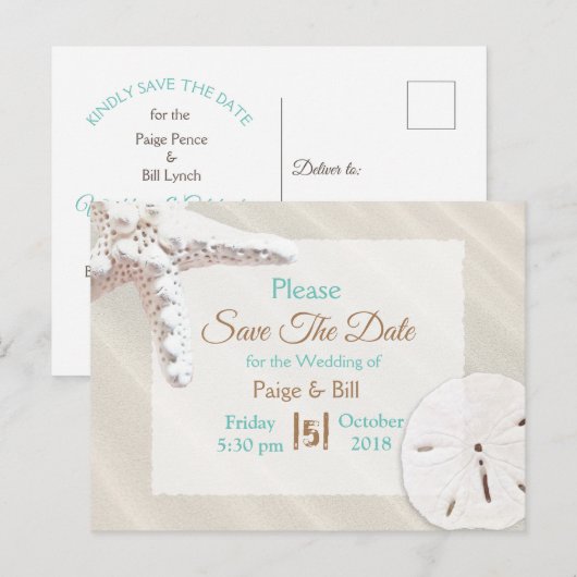 Kustvis Sandy Wedding Save the Date Aankondigingskaart (Voorkant / Achterkant)