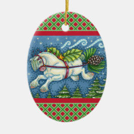 KUSTVLIEGTUIG CHRISTMAS PONY PULLING PINECONE SLEI KERAMISCH ORNAMENT