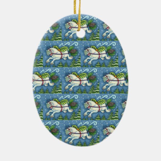 KUSTVLIEGTUIG CHRISTMAS PONY PULLING PINECONE SLEI KERAMISCH ORNAMENT (Achterkant)