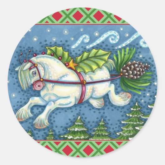 KUSTVLIEGTUIG CHRISTMAS PONY PULLING PINECONE SLEI RONDE STICKER (Voorkant)