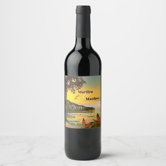 Kustvlinder Romantische kunst bruiloft Wijn Etiket (Voorkant)