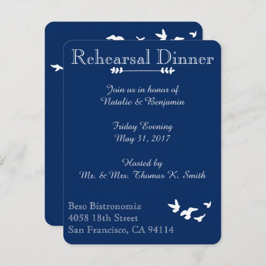Kustvogels bruiloft | repetitie diner uitnodigen kaart (Voorkant / Achterkant)