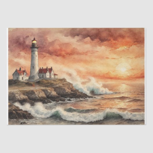 Kustvuurtoren bij zonsondergang - Decoupage - Tissuepapier (Voorkant)