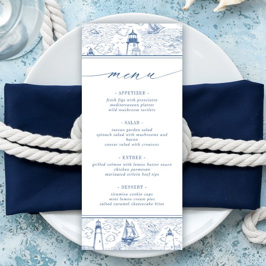 Kustvuurtoren Blauw Toile Bruiloft Menu
