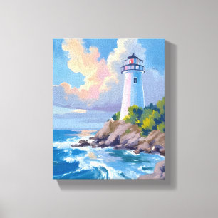 Kustvuurtoren   Blauwe Oceaangolven Zee Canvas Afdruk