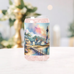 Kustvuurtoren en strandhuisjes scène blikvorm glas