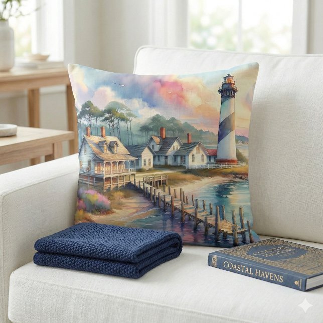 Kustvuurtoren en strandhuisjes scène kussen (Coastal Lighthouse & Beach Cottages Scene Throw Pillow Mockup A)