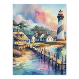 Kustvuurtoren en strandhuisjes scène perfect poster