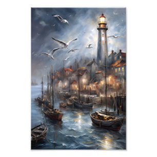 Kustvuurtoren in de schemering Zeevaartkunst Foto Afdruk