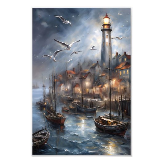 Kustvuurtoren in de schemering Zeevaartkunst Foto Afdruk (Voorkant)