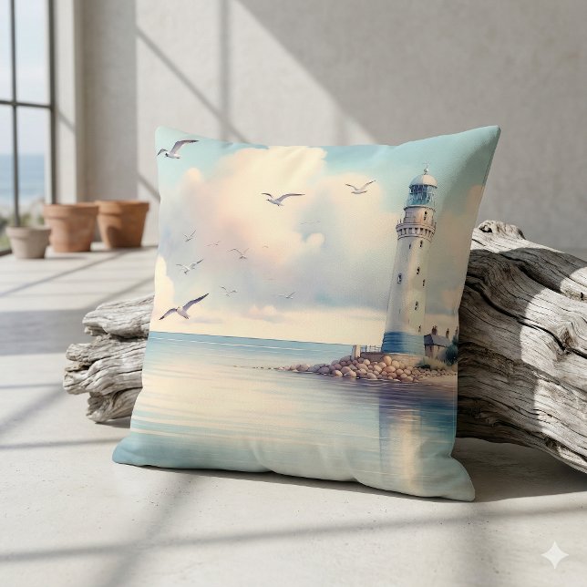 Kustvuurtoren Meeuwen Pastel Lucht Sereniteit Kussen (Coastal Lighthouse Seagulls Pastel Sky Serenity Throw Pillow Against Driftwood Log)