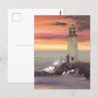 Kustvuurtoren met roze en oranje lucht