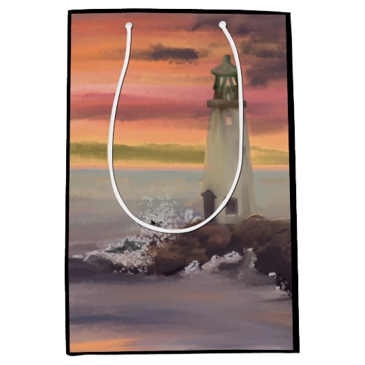 Kustvuurtoren met roze en Oranje lucht Medium Cadeauzakje (Voorkant)