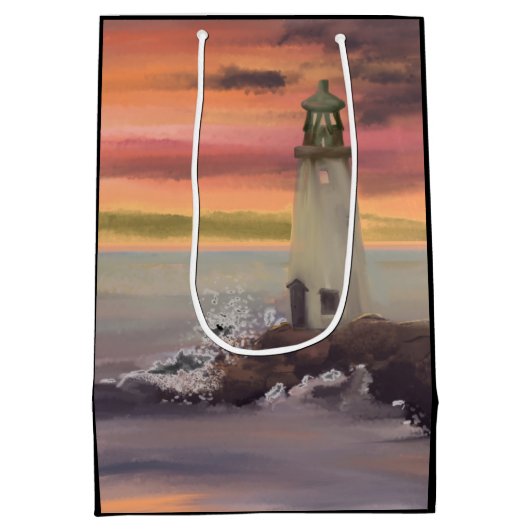 Kustvuurtoren met roze en Oranje lucht Medium Cadeauzakje (Achterkant)