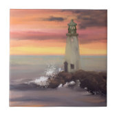 Kustvuurtoren met roze en Oranje lucht Tegeltje (Voorkant)