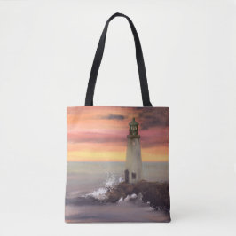 Kustvuurtoren met roze en Oranje lucht Tote Bag