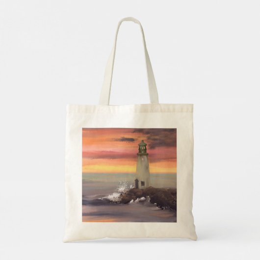 Kustvuurtoren met roze en Oranje lucht Tote Bag (Achterkant)