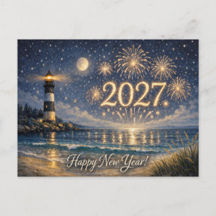 Kustvuurtoren Vuurwerk Gelukkig Nieuwjaar 2027 Feestdagenkaart
