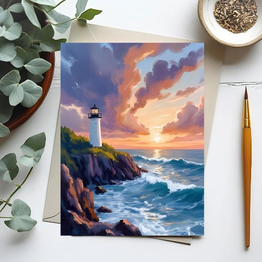 Kustvuurtoren zonsondergang | Beach Ocean Painting Briefkaart