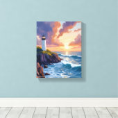 Kustvuurtoren zonsondergang | Beach Ocean Painting Canvas Afdruk (Insitu (Houten vloer))