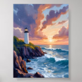 Kustvuurtoren zonsondergang | Beach Ocean Painting Poster (Voorkant)