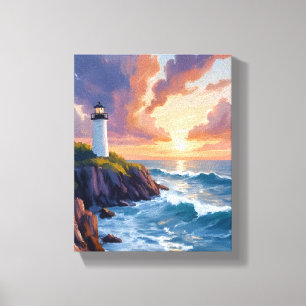 Kustvuurtoren Zonsondergang Strand Oceaan Schild Canvas Afdruk