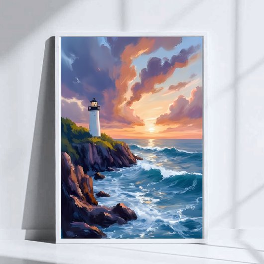 Kustvuurtoren Zonsondergang | Strand Oceaan Schild Poster