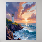 Kustvuurtoren Zonsondergang | Strand Oceaan Schild Poster (Voorkant)