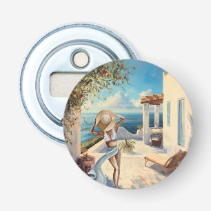 Kustwandkunst Mediterrane vrouw aan zee Button Flesopener