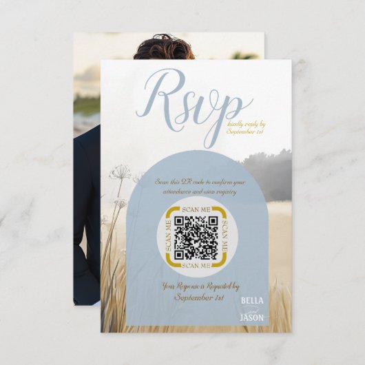 Kustweide RSVP  QR Code | Elegante Blauwe Boog (Voorkant / Achterkant)