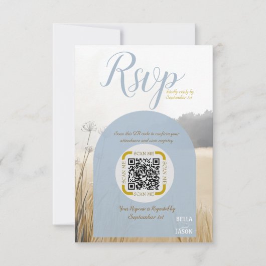 Kustweide RSVP  QR Code | Elegante Blauwe Boog Kaartje (Voorkant)