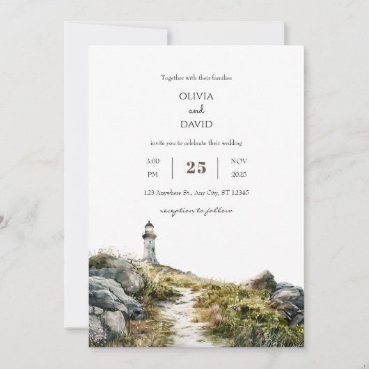 Kustwildbloem vuurtoren pad strand bruiloft kaart (Voorkant)