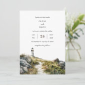 Kustwildbloem vuurtoren pad strand bruiloft kaart (Staand voorkant)