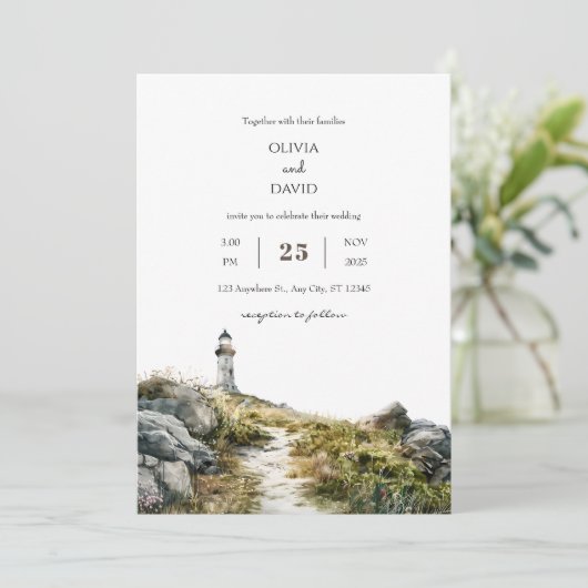 Kustwildbloem vuurtoren pad strand bruiloft kaart (Staand voorkant)