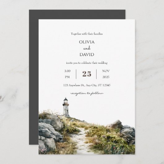 Kustwildbloem vuurtoren pad strand bruiloft kaart (Voorkant / Achterkant)