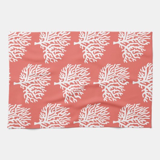 Kustwit Zee Koraal en koraalroze Theedoek (Horizontaal)