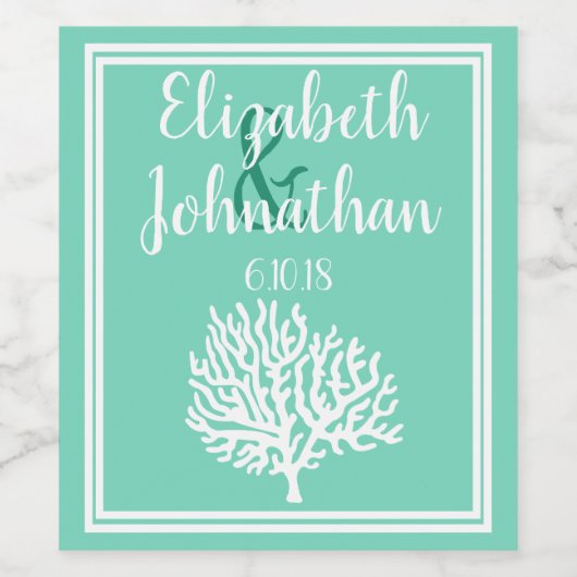 Kustwit Zee Koraal & Zee Glas Groen Bruiloft Wijn Etiket (Enkel label)