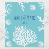 Kustwit Zee koraal & zeeschelpen cyaan blauw Wijn Etiket (Enkel label)