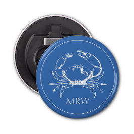 Kustwitte krab op klassiek blauw monogram button flesopener